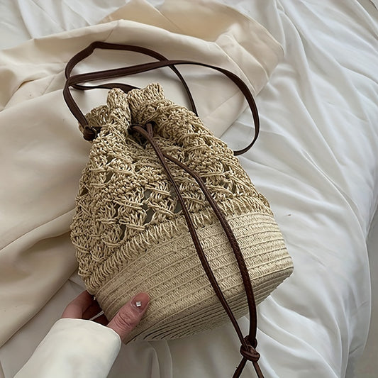 Straw Woven Drawstring Bucket Bag - Summer Beach Casual Handbag & Purse